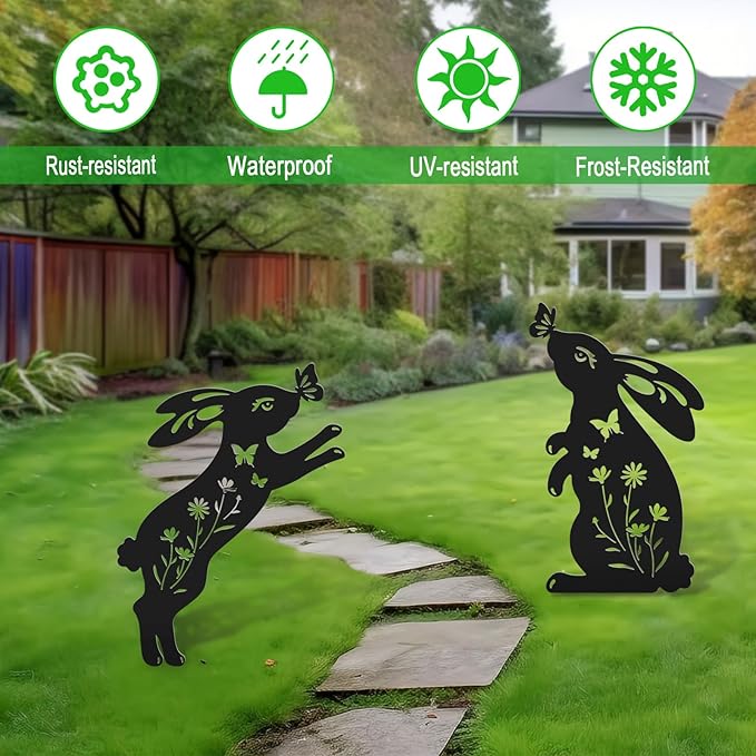 Easter Decorations Outdoor,2 Pack Metal Silhouette Bunny Garden Decor,Rabbit Yard Art Stakes for Yard,Lawn,Patio,Easter Gifts for Women