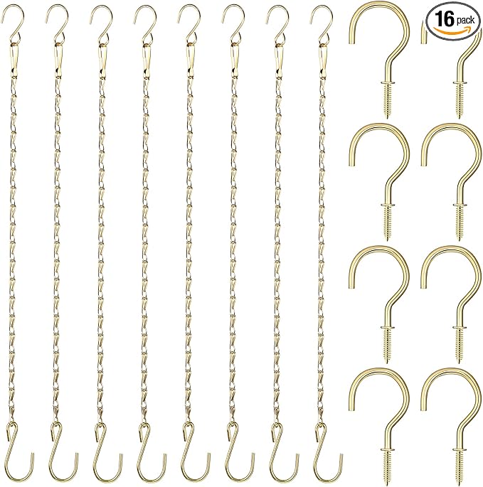 Hotop 8 Pcs Metal Hanging Chains with Ceiling Hooks, Garden Plant Hangers for Hanging Bird Feeders, Billboards, Chalkboards, Basket, Planters, Lanterns, Wind Chimes, Chain Hook DIY(16.38 Inch,Gold)