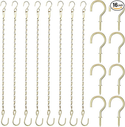 Hotop 8 Pcs Metal Hanging Chains with Ceiling Hooks, Garden Plant Hangers for Hanging Bird Feeders, Billboards, Chalkboards, Basket, Planters, Lanterns, Wind Chimes, Chain Hook DIY(16.38 Inch,Gold)