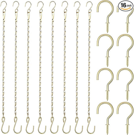 Hotop 8 Pcs Metal Hanging Chains with Ceiling Hooks, Garden Plant Hangers for Hanging Bird Feeders, Billboards, Chalkboards, Basket, Planters, Lanterns, Wind Chimes, Chain Hook DIY(16.38 Inch,Gold)