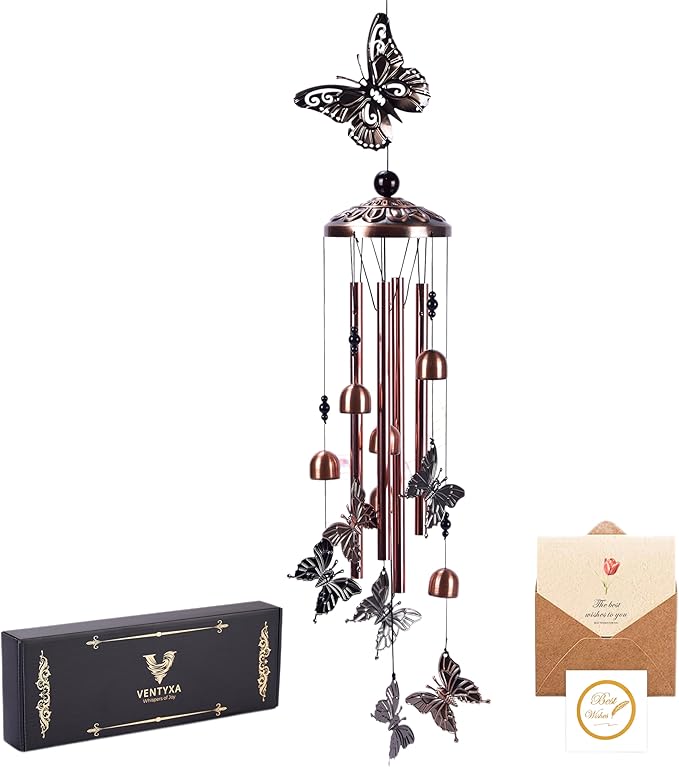 Wind Chimes for Outside – Memorial Wind Chimes 37" for Loss of Loved One with Butterfly Spinner, Bereavement & Sympathy Gift, Soothing Tones, Bronze Finish