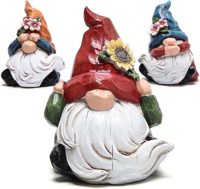 Hodao Spring Gnome Decor Set of 3, Resin Three Wise Gnomes Figurines with See No Evil Hear No Evil Speak No Evil Design, Floral Tiered Tray Shelf Table Accent, Farmhouse Gift Idea