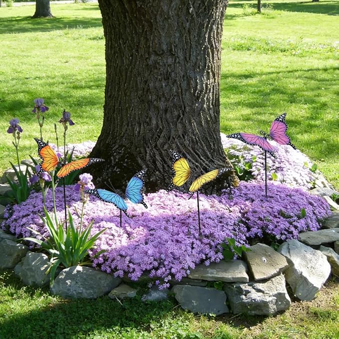 hogardeck Garden Decor for Outside, Set of 4 Metal Butterfly Decorative Garden Stakes for Spring Decor, Yard Art Garden Decorations for Outdoor Lawn Pathway Patio