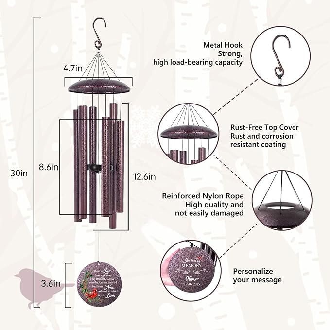 ASTARIN Personalized Cardinal Wind Chime Memorial, Customized Sympathy Wind Chimes for Loss of Loved One, in Memory of Loved Ones Lost, Bereavement Gifts Windchimes Outdoor, Produced in USA