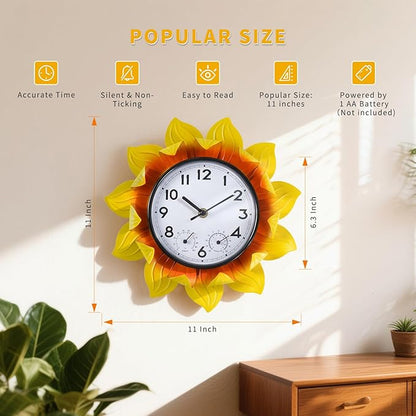 3D Metal Sunflower Wall-Mounted Outdoor Clock Thermometer and Hygrometer Combo，11 Inch Wall Clock Waterproof Quartz Clock Silent No-Ticking for Patio,Kitchen, Living Room,bedrooms,Garden