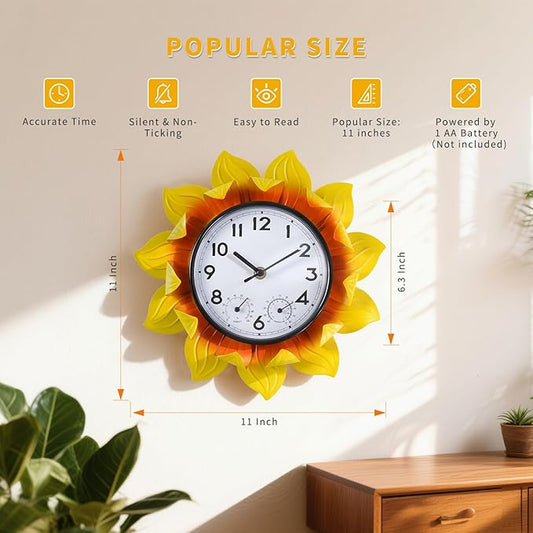 3D Metal Sunflower Wall-Mounted Outdoor Clock Thermometer and Hygrometer Combo，11 Inch Wall Clock Waterproof Quartz Clock Silent No-Ticking for Patio,Kitchen, Living Room,bedrooms,Garden