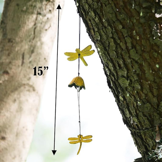 Japanese Wind Chime Cast-Iron Outdoor Ornament for Garden, Patio & Balcony, Hanging Metal Wind-Bell Decoration Gift, Blessing Pendant Windchimes, Yellow Dragonflies