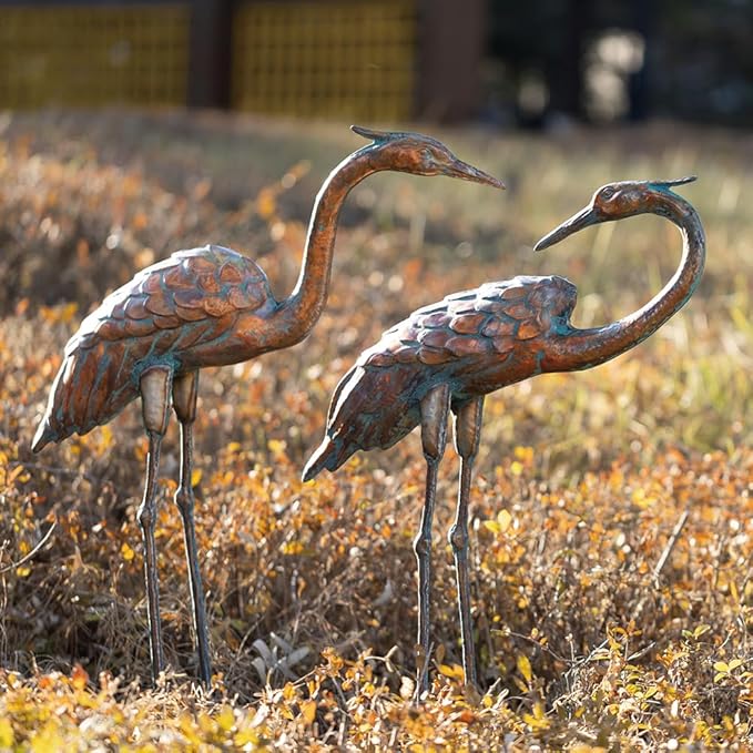Metal Crane Garden Statues for Outdoor, Stainless Steel Antique Patina Standing Blue Heron Decoy, Large Sandhill Cranes Sculptures for Yard and Garden, Bird Yard Art for Patio Lawn Backyard Pond
