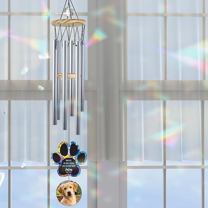 Personalized Pet Memorial Wind Chimes, Custom Photo Crystal Paw Print Suncatcher Ornament, Pet Keepsake Memorial Sympathy Gift for Loss of Dog Cat Lover, Remembrance Wind Chimes Outdoor Décor
