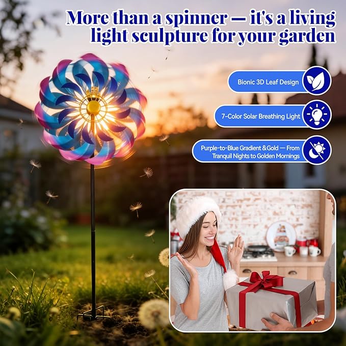 Solar Wind Spinners Outdoor, Metal Large Garden 24" Windmill with Solar Light, 7 Color LED, Wind Sculpture for Yard & Lawn, 5 Legs Ground Stake, 84.6" to 49.8" Height, Large Wind Spinner