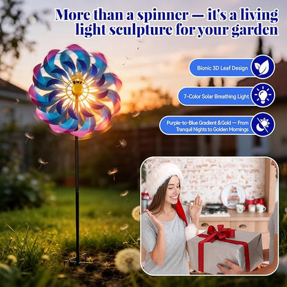 Solar Wind Spinners Outdoor, Metal Large Garden 24" Windmill with Solar Light, 7 Color LED, Wind Sculpture for Yard & Lawn, 5 Legs Ground Stake, 84.6" to 49.8" Height, Large Wind Spinner