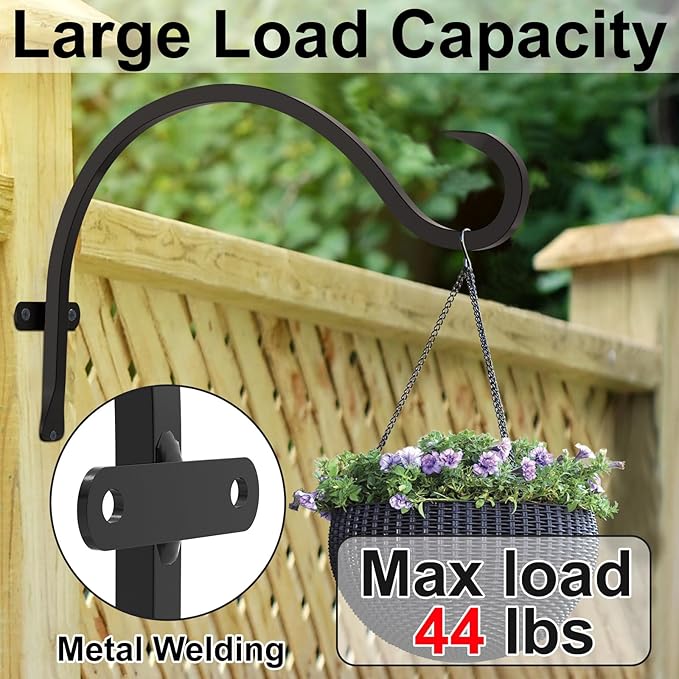 12 Inch Heavy Duty Plant Hanger Wall Hook 4 Pack - Black Iron Hanging Plant Bracket Holds 44 lbs - Rust Resistant Indoor Outdoor Hooks for Bird Feeders Lanterns Wind Chimes Hanging Baskets with Screws