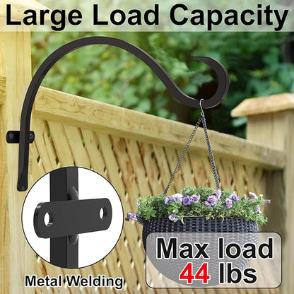 12 Inch Heavy Duty Plant Hanger Wall Hook 4 Pack - Black Iron Hanging Plant Bracket Holds 44 lbs - Rust Resistant Indoor Outdoor Hooks for Bird Feeders Lanterns Wind Chimes Hanging Baskets with Screws