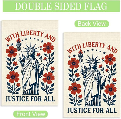 With Liberty and Justice for All Garden Flag, 12 x 18 Inch Double Sided Statue of Liberty Floral Outdoor Garden Patio Decor, Patriotic Yard Banner for Justice Advocate 4th of July Party Host