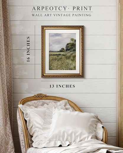ARPEOTCY Vintage Gold Framed Wall Art, 13x16 inch Farmhouse Meadow Landscape Country Paintings Home Decor, Moody Rustic Victorian Wall Decor for Living Room, Canvas Prints Antique Pictures Frame