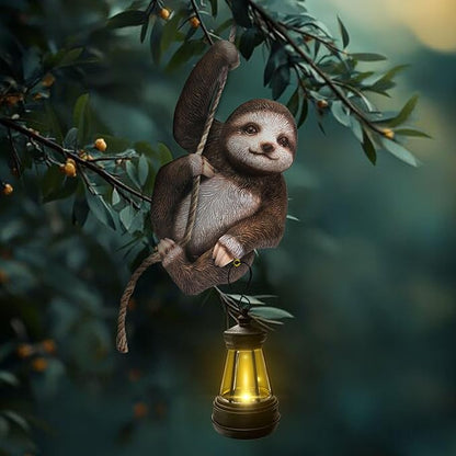 Solar Sloth Hanging Statue with Lantern – Indoor Outdoor Climbing Sloth Decor for Garden Yard Porch Balcony, Cute Animal Yard Art, Housewarming for Mom Grandma Women