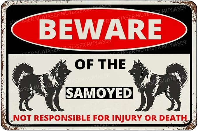 Beware Of The Dog Samoyed Sign Aluminum Metal Tin Signs Outdoor Yard Sign Warning Sign For Fence Yard Home Kitchen Farm Garden Wall Decor 8x12 Inch