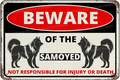 Beware Of The Dog Samoyed Sign Aluminum Metal Tin Signs Outdoor Yard Sign Warning Sign For Fence Yard Home Kitchen Farm Garden Wall Decor 8x12 Inch
