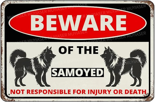 Beware Of The Dog Samoyed Sign Aluminum Metal Tin Signs Outdoor Yard Sign Warning Sign For Fence Yard Home Kitchen Farm Garden Wall Decor 8x12 Inch