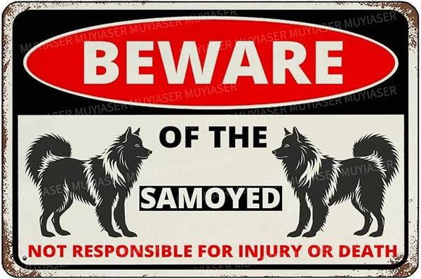 Beware Of The Dog Samoyed Sign Aluminum Metal Tin Signs Outdoor Yard Sign Warning Sign For Fence Yard Home Kitchen Farm Garden Wall Decor 8x12 Inch