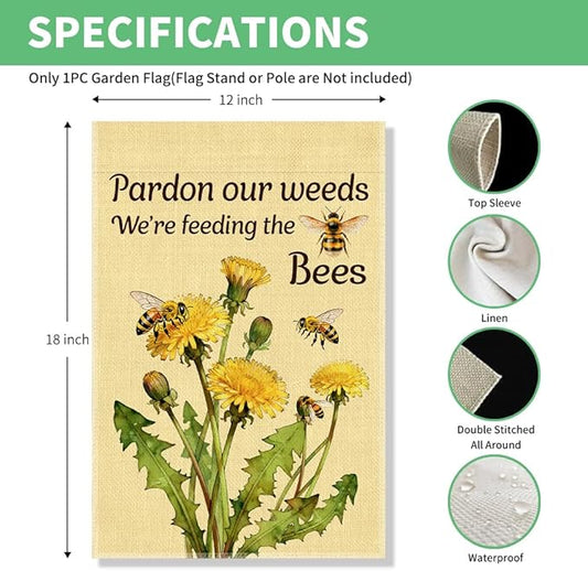 Perfectinsoy Pardon Our Weeds We're Feeding the Bees Garden Flag, No Mow Sign, Pollinator Friendly Garden Sign, Bee Lover Gifts for Gardeners Bee Keepers, Welcome Yard Farmhouse Spring Outdoors Decor