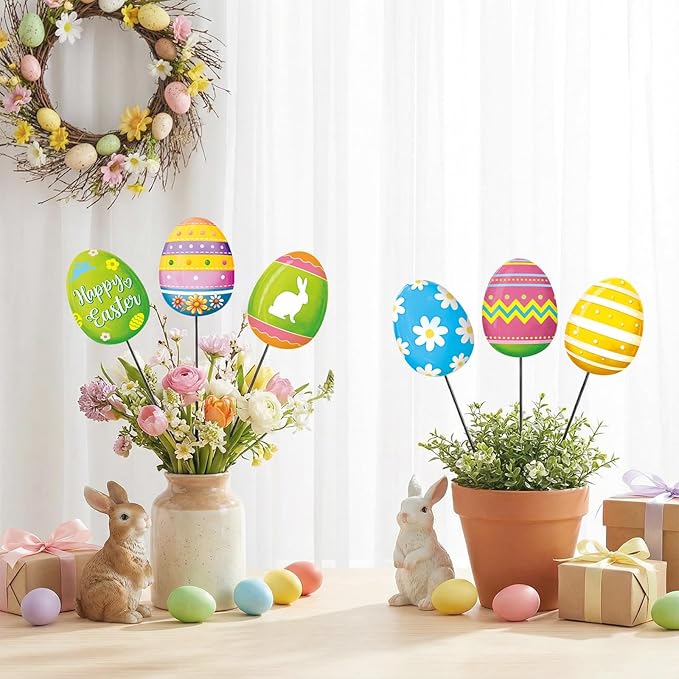 Shimeyao 6 Pcs Metal Easter Egg Garden Stakes Happy Easter Metal Garden Signs Colorful Egg Bunny Yard Stakes Outdoor Decor for Home Lawn Porch Holiday Front Backyard