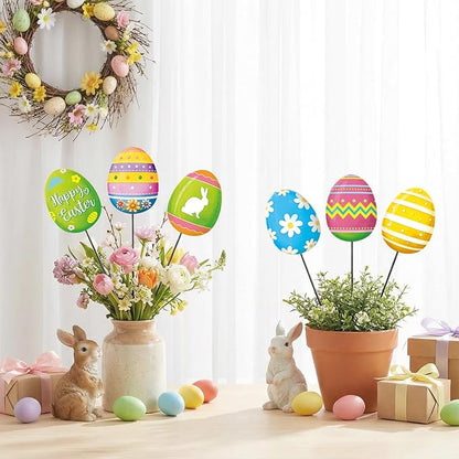 Shimeyao 6 Pcs Metal Easter Egg Garden Stakes Happy Easter Metal Garden Signs Colorful Egg Bunny Yard Stakes Outdoor Decor for Home Lawn Porch Holiday Front Backyard