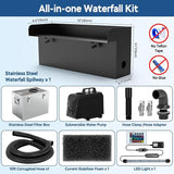 All-in-1 Pond Waterfall Kit with LED Light, 12-inch Stainless Steel Spillway with 660GPH Pump Filter Box, 3-Stage Filtration Outdoor Waterfall for Water Feature, Garden, Backyard, Pool