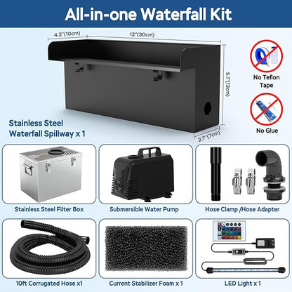 All-in-1 Pond Waterfall Kit with LED Light, 12-inch Stainless Steel Spillway with 660GPH Pump Filter Box, 3-Stage Filtration Outdoor Waterfall for Water Feature, Garden, Backyard, Pool