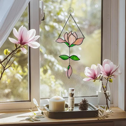 Magnolia Flower Gifts for Women Stained Glass Suncatcher for Window Hanging,Pink Flower Decor Stained Glass Sun Catcher Indoor Window,Flower Gift for Mom,Best Gifts for Teacher