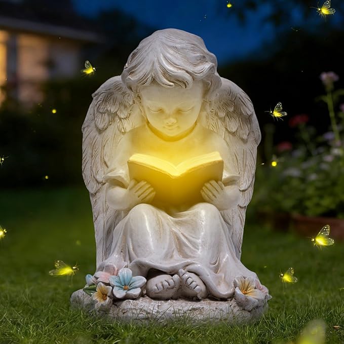 basen Solar Angel Garden Statue with LED Lighted Book, Resin Outdoor Guardian Angel Figurine, Waterproof Lawn Yard Patio Decor, Memorial Sympathy Sculpture for Porch Backyard Gift