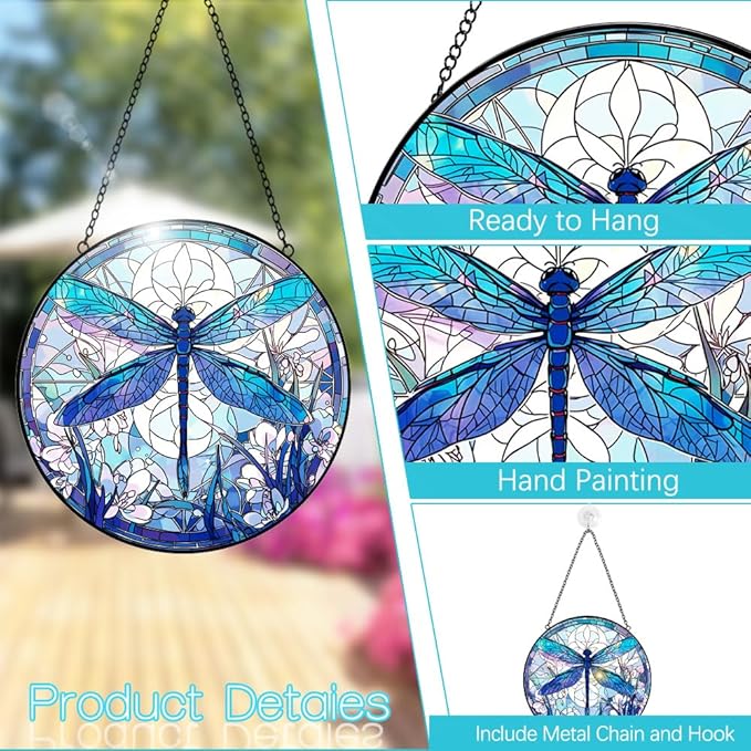 Dragonfly Suncatcher Stained Glass Window Hanging - 8” Handmade Suncatchers for Windows Door Home Garden Decor - Sun Catchers Indoor Wall Art Glass Panel Ornaments - Mothers Day Grandma Gifts for Mom