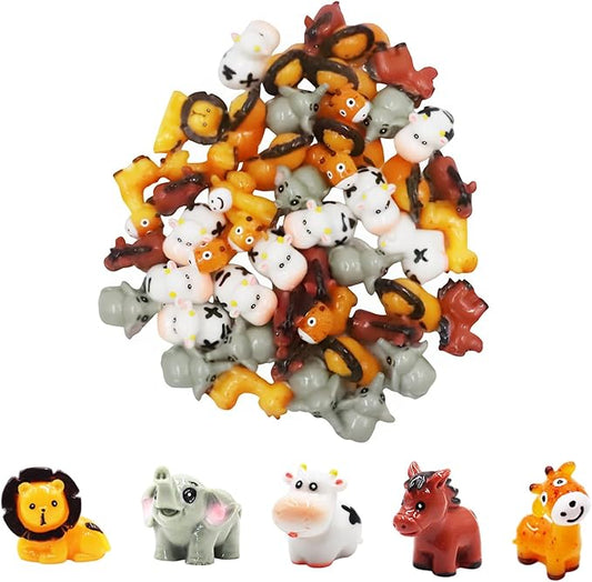 50 Pcs Miniature Resin Animal Figurines Set (1.2") - Elephant, Lion, Giraffe, Horse, Cow for Fairy Garden, Terrarium, DIY Crafts & Miniature World