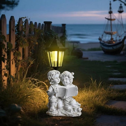 Solar Garden Angel Country Farm Reading Boy and Girl with Light, Outside Decorations for Patio Yard Lawn Walkway Ornaments