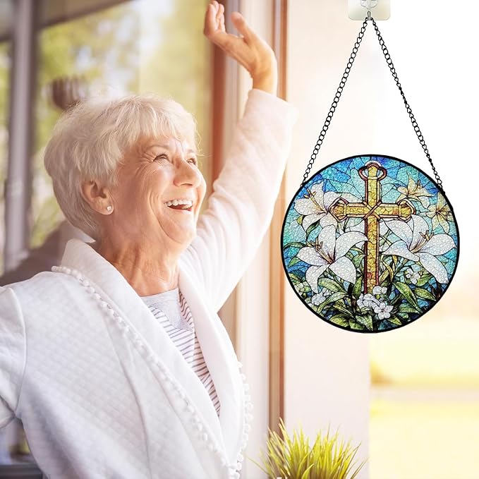7.88'' Stained Glass Window Hanging, Cross Lily Suncatcher Stained Glass Panel with Hook Chain for Window, Christian Sun Catchers Home Decor Mother's Day Birthday for Women, Men, Wife, Aunt, and Mom