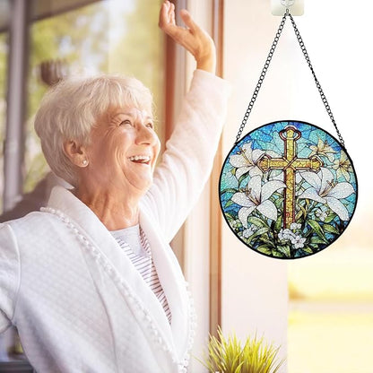 7.88'' Stained Glass Window Hanging, Cross Lily Suncatcher Stained Glass Panel with Hook Chain for Window, Christian Sun Catchers Home Decor Mother's Day Birthday for Women, Men, Wife, Aunt, and Mom