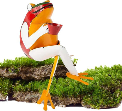 Metal Coffee Frog Sculpture Yard and Garden Art, Drinking Frog Garden Art Sculpture with A Cute Frog Iron Statuary Design for Indoor Outdoor Flower Pot Landscape Terrarium
