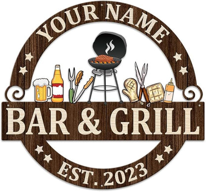 MeMate Bar & Grill Sign - Personalized Outdoor Decor for Backyard, Patio, Pool, Porch, Deck, BBQ - Large Metal Sign for Outside - Housewarming Gifts