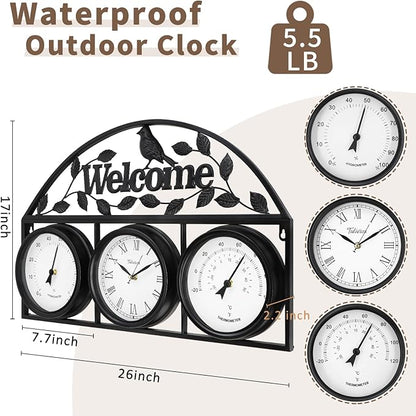 26Inch Large Outdoor Clock,Waterproof Wall Clock with Thermometer and Hygrometer Combo,Weatherproof Non-Ticking Battery Operated Decor Clock for Patio,Garden,Pool,Porch,House Warming Gifts