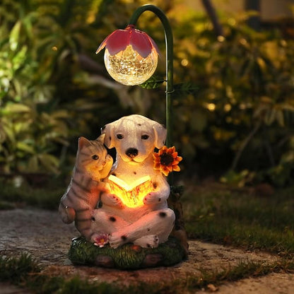 Afirst Solar Garden Statues, Dog Statues Outdoor Resin Figurine with Solar Lights Statue Decorations for Lawn, Patio, Balcony, Yard Ornament Mother's Day Gifts, Dalmatian and Cat, Dog&Cat