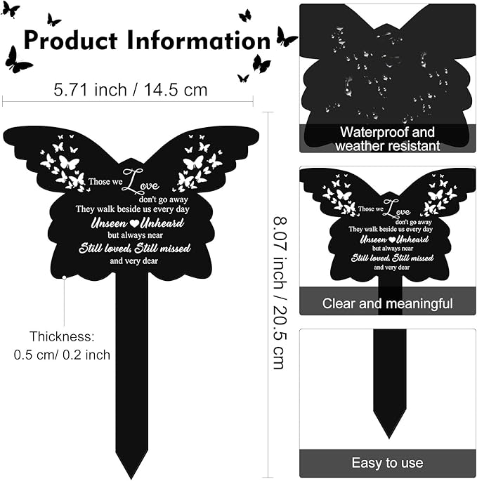 Roowest Butterfly Grave Decorations for Cemetery, Those We Love Don't Go Away Memorial Butterfly Garden Stake, Grave Markers for Humans Black Sympathy Garden Stake for Outdoors Yard Decor