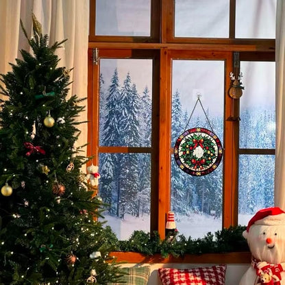 Stained Glass Window Hanging - Christmas Wreath Ornament 6.3 Inches Suncatcher for Garden Home Decor for Women Mon Grandma Friends