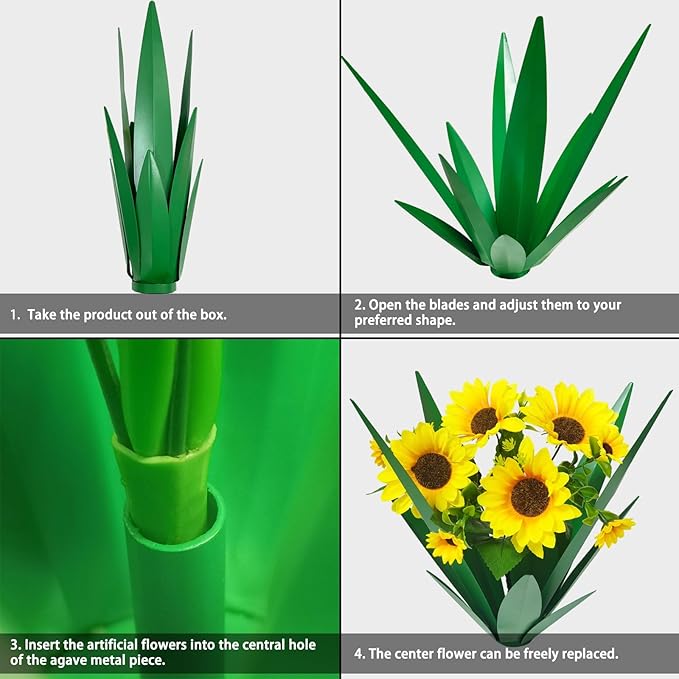 DDQ Metal Agave Plant Outdoor Decor with Artificial Flowers, Mexican Style Garden Sculpture, Waterproof Yard Art for Patio Lawn, Multiple Flower Options (Green Agave + Sunflower/Red/Yellow/Purple)