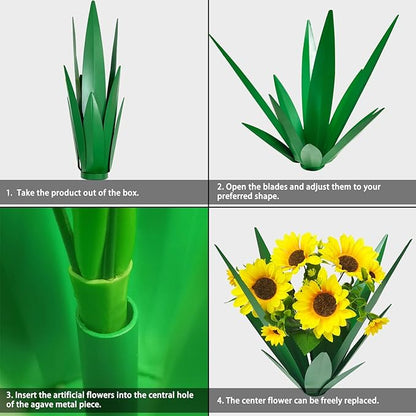 DDQ Metal Agave Plant Outdoor Decor with Artificial Flowers, Mexican Style Garden Sculpture, Waterproof Yard Art for Patio Lawn, Multiple Flower Options (Green Agave + Sunflower/Red/Yellow/Purple)