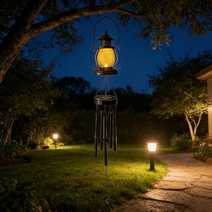 Solar Oil Lamp Wind Chimes for Outside, Hanging Memorial Wind Chimes for Mom Women Grandma, Flower Solar Lantern Windchimes Outdoors for Garden Decor