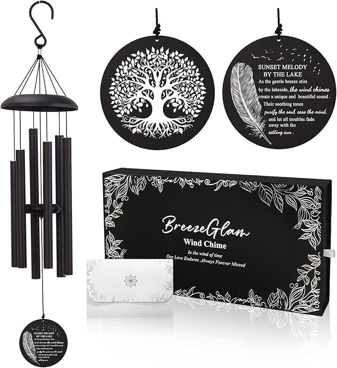 32" Deep Tone Wind Chimes for Outside, C Major Tuned Aluminum Wind Chime with Gift Envelope & Box, Memorial Sympathy Wind Chime for Garden Patio Decor, Nature Tree Design, Black