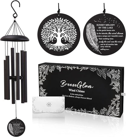 32" Deep Tone Wind Chimes for Outside, C Major Tuned Aluminum Wind Chime with Gift Envelope & Box, Memorial Sympathy Wind Chime for Garden Patio Decor, Nature Tree Design, Black