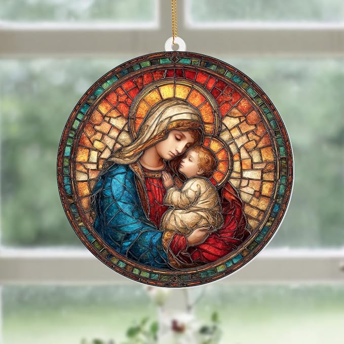 Holy Mother & Child Stained Glass Acrylic Ornament 2025 – Madonna & Child Religious Christmas Ornament, Nativity Window Sun Catcher Acrylic, Catholic Tree Decoration,Keepsake for Holiday Home (Sun-25)