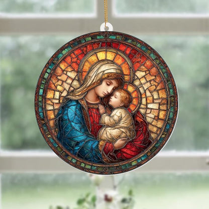 Holy Mother & Child Stained Glass Acrylic Ornament 2025 – Madonna & Child Religious Christmas Ornament, Nativity Window Sun Catcher Acrylic, Catholic Tree Decoration,Keepsake for Holiday Home (Sun-25)
