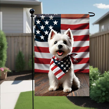 Patriotic 4th of July West Highland White Terrier Garden Flag Summer Decorative Lovely Pet Dog American US Flag Banner for Outside 12x18 Inch Printed Double Sided